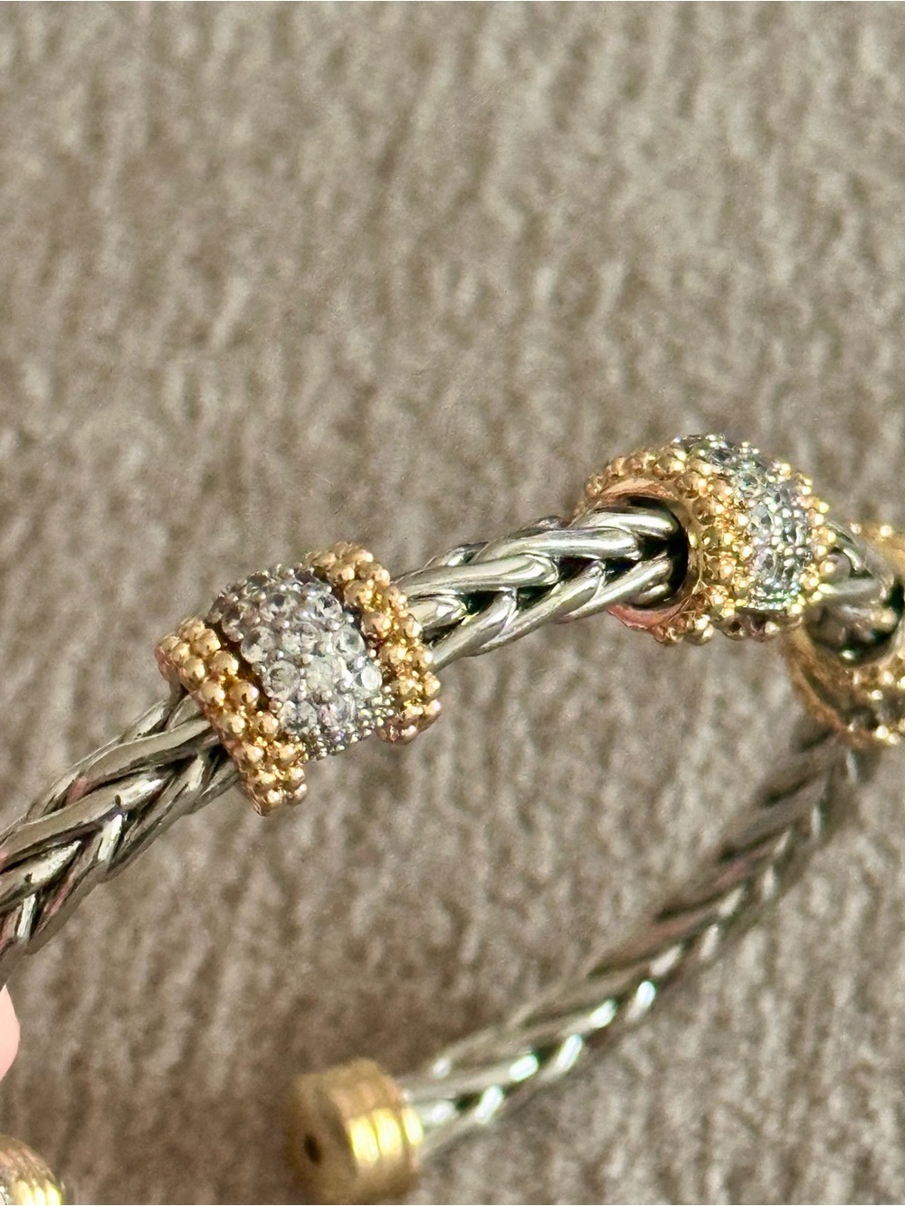 Two-Tone Braided/Woven Wheat Cuff with 3 Barrel Pavé Stations - Picture 3 of 5